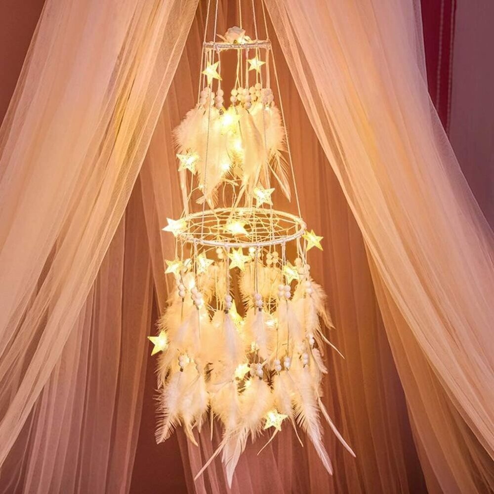 Double Circle White Feather Dream Catcher with Mobile LED Fairy Lights Wall Hang
